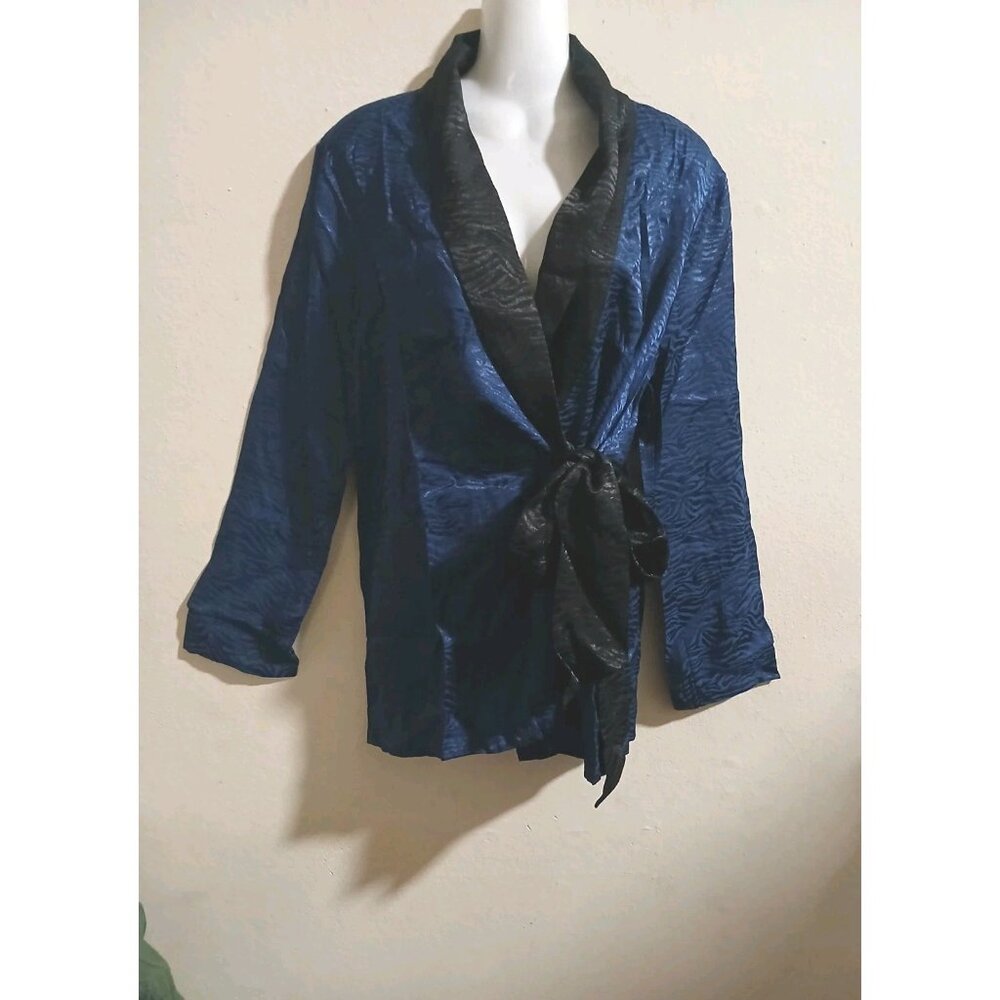 NWT Victoria Secret Blue Satin Zebra Print Black Waist Tie Robe Sleepwear Sz M/L